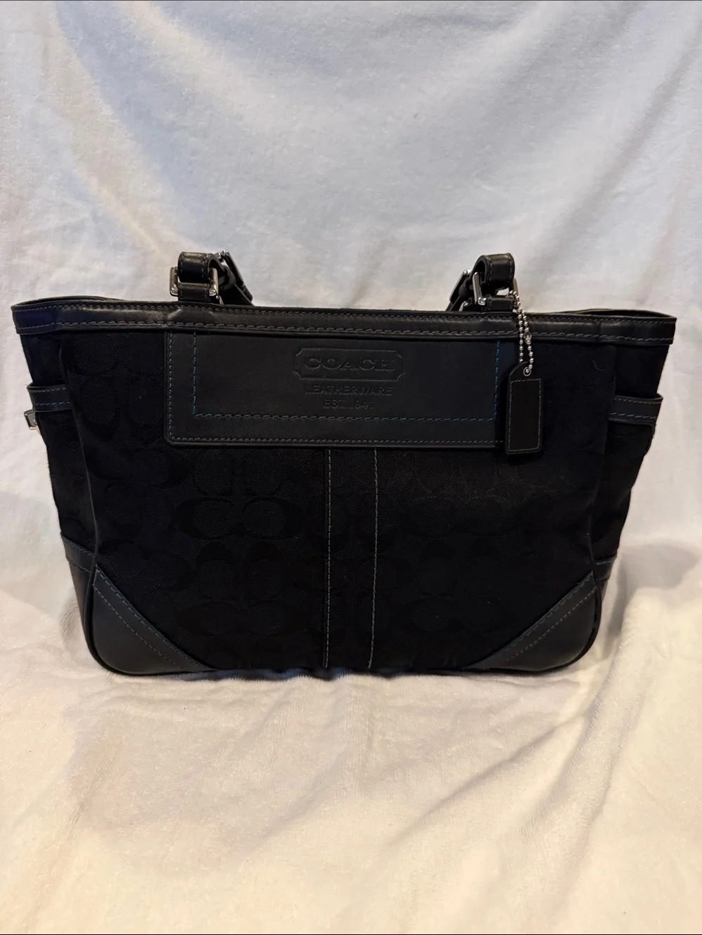 Coach Black Signature Jacquard Tote with Leather Accents